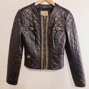 Betty Blue Black Quilted Genuine Leather Jacket Gold Chain Detail Made in Italy